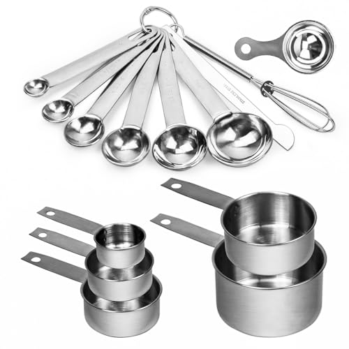 14Piece Stainless Steel Measuring Spoons and Cups Combo Stainless Steel Heavy Duty Ergonomic Handle with Ring Connector with Egg White Separator for Dry or Liquid Ingredients Cooking & Baking (14pcs)