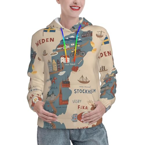 Sweat à capuche femme Suède avec imprimés illustrés doux poche kangourou
