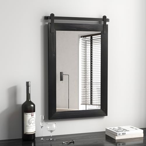 Image of COGOOD Farmhouse Barn Door Mirror - 17 x 26 Rustic Wood Framed Wall Mirror for Bathroom, Living Room, Entryway Wall Decor (Black)