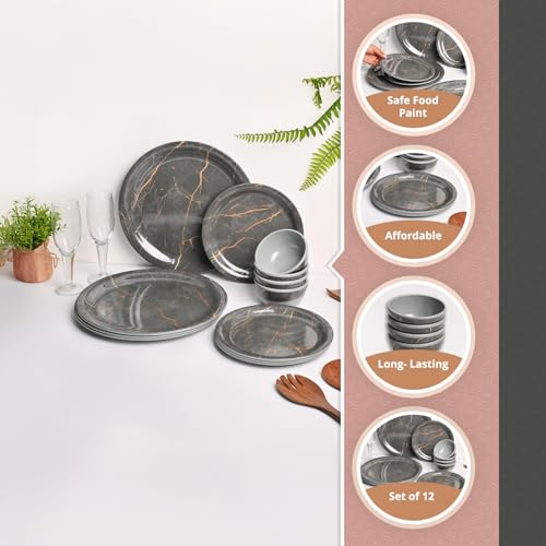 Image of MARKET 99 Heavy-Duty Grey Static Melamine Dinner Set - 12 Pcs | Includes 4 Full Plates, 4 Quarter Plates & 4 Soup Bowls | Durable Dinnerware for Daily Use, Family Meals, Parties & Kitchen Decor