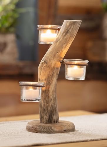 Dekoleidenschaft Teelichthalter Baum aus Holz, 3 Teelichtgläser, 28...