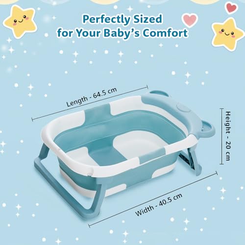 Image of Amazon Brand - Supples Baby Bath Tub for 0-3 Years | Double Foldable Bathtub for Baby & Kids with Soap Tray, Space Saving Design (White & Teal Blue)