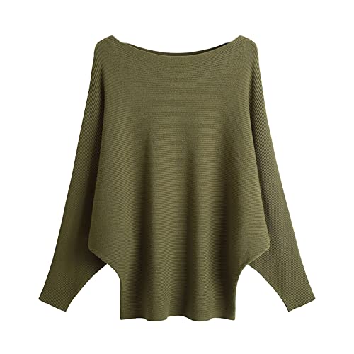 Image of Blostirno Women's Boat Neck Batwing Sleeves Dolman Ribbed Knitted Sweaters Pullovers Tops