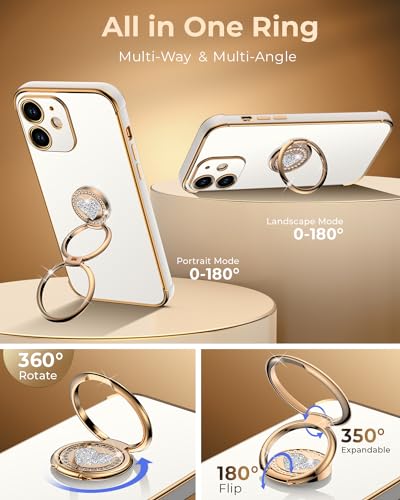 Image of XYZ for iPhone 11 Back Cover Case with Ring, Double Ring Holder Stand Case Heart with Strap for Girls Women, Luxury Cute Bling Protective Phone Cover Case for iPhone 11, White