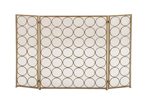 Deco 79 Metal Geometric Foldable Mesh Netting 3 Panel Fireplace Screen With Circle Pattern, 47" X 1" X 32", Brass #TOP8