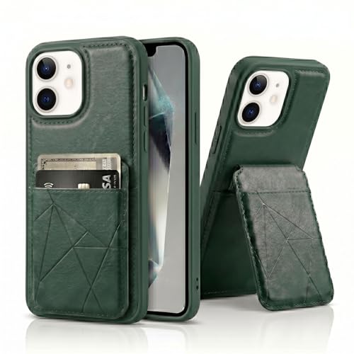 Image of amazon basics Premium Vegan Leather Back Cover with Card Holder and Integrated Mobile Stand for iPhone 12 - Slim Shockproof Wallet Case with Geometric Stitching [Green]