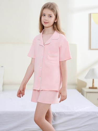 QZH.DUAO Girls & Women's Pajamas Set 100% Cotton PJ Set Button-Down Short Sleeve Sleepwear for Ages 5-143