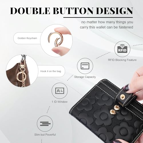 Image of RFID Wallet Women,Slim Small Wallets Embossed Flower Leather Bifold Compact Ladies Girls Wallet with Credit Card Holder Zipper Coin Pocket Black