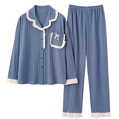 BFSGBFNTMD Pijamas Mujer Primavera Y OtoñO AlgodóN Puro Manga Larga OtoñO E Invierno Estilo Princesa Cuello De MuñEca De Moda Costura Dulce Color SóLido Servicio A Domicilio Cover