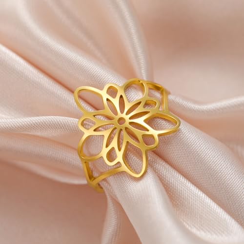 TEAMER Bohemian Flower Of Life Ring Stainless Steel Elegant Filigree Flower Ring Wedding Band Ring Exquisite Jewelry For Women3