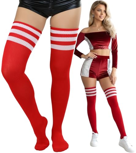 Image of ToBeInStyle Women's Heavyweight Knit Thigh High Long Socks w /Contrast 3 Stripe Top Band