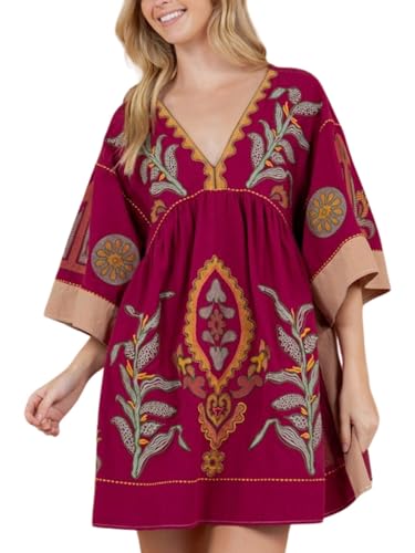 Image of Joiemont Womens Oversized Embroidered Dress with V-Neck and 3 /4 Sleeves Vintage Embroidery Babydoll Dress