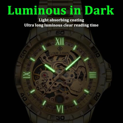 Image of Skeleton Automatic Mechanical Watch Mens Business Luxury Gift Steel Band | Stainless Steel Waterproof Male Golden Wristwatch Luminous Markers & Hands Hardlex Mirror Butterfly Double Button