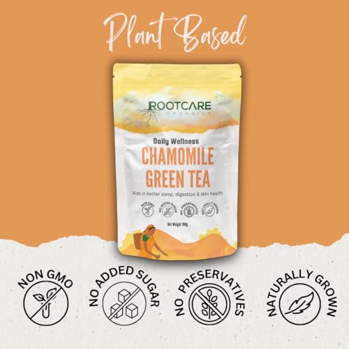 Image of Rootcare Organics chamomile tea for sleep 100g Relaxation Caffeine Free Herbal Tea Stress Relief & Anxiety Support Improves Sleep Quality Natural Dried Chamomile tea leaves