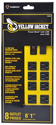Image of Southwire Yellow Jacket Power Block - 8 Outlet Heavy Duty Metal Power Strip - Dual USB Ports for Fast Charging - Rugged Workshop Design - 6 Ft Yellow Cord - Durable 14-Gauge Construction