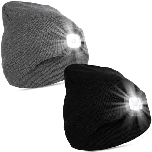 Weewooday 2 Stück Mütze mit Licht 4 LED Taschenlampen Mütze USB Wiederaufladbar Stirnlampen Beleuchtete Strickmützen (Schwarz, Grau)