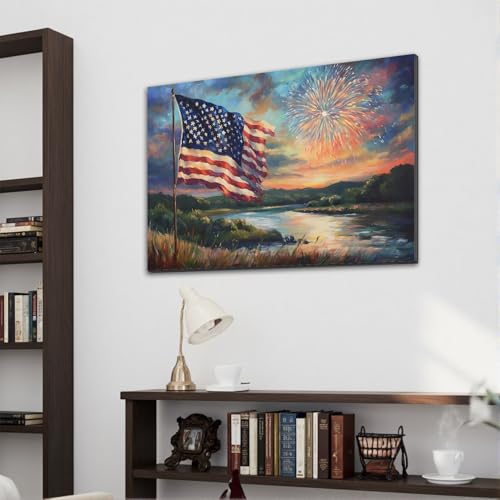 Image of Framed American Flag Sunset Fireworks Wall Art, Patriotic 4th of July Canvas Art Pictures, USA Flag Wall Decor, Proudly Made in USA, Ready to Hang for Living Room Man Cave Bar