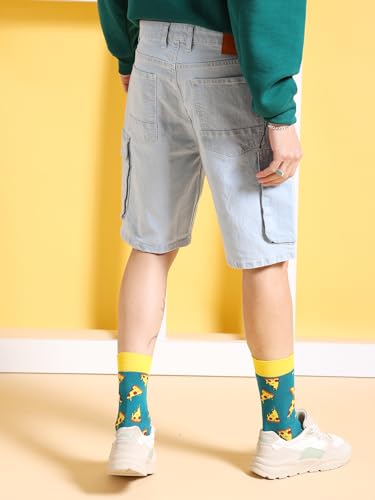 Image of The Indian Garage Co Men Relaxed Fit Solid Mid-Rise Denim Cargo Shorts