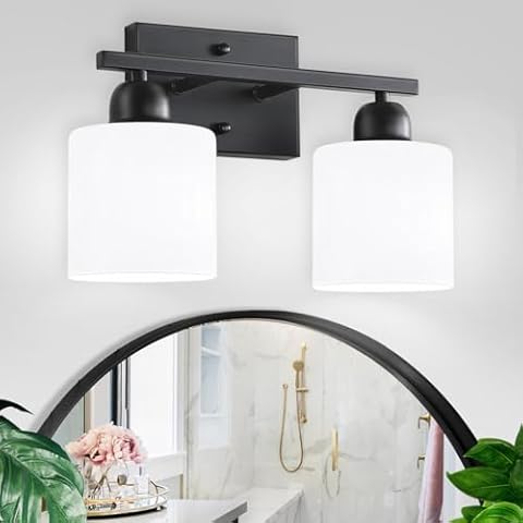 FAISHILAN 2-Light Bathroom Light Fixtures, Black Bathroom Vanity Lights with Milky White Frosted Glass Shades, Black Vanity Light for Bathroom Mirror, Bedroom, Living Room, Vanity Table, E26 Base Cover