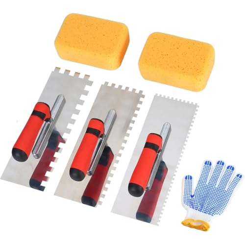 Wzxksoac Juego de Llana Dentada Cuadrada de Acero Inoxidable para Azulejos, con Esponja para Juntas y Guantes de Trabajo, Herramientas de Albañilería para la Instalación de Azulejos.