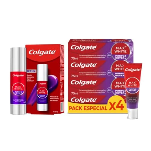 COLGATE Pack Pasta de Dientes Blanqueadora Max White Purple Reveal 4 x 75ml + Sérum Morado 40ml Blanqueador Instantáneo sin Flúor - Dientes más Blancos - Elimina las Manchas Superficiales