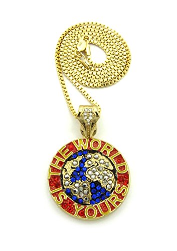 Crescendo SJ INC New ICED Out World is Yours Pendant & 24" Box Chain Hip HOP Necklace - MZ26BXG