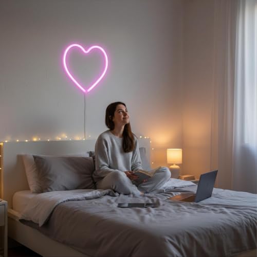 Image of Teafasty Pink Heart Neon Sign LED Light USB Battery Powered Room Decor | Dual power design, soft pink glow, wall mount or tabletop display for bedrooms, parties, weddings and festive occasions