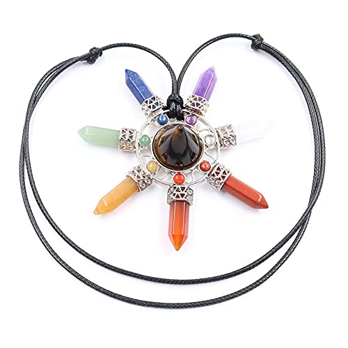 Hängsmycke Svart Läder Rope Halsband 7 Chakra Naturlig Hexagon Crystal Pillar Healing Point Pendants Smycken-Tigerögonsten_KINA_76 cm (justerbar)