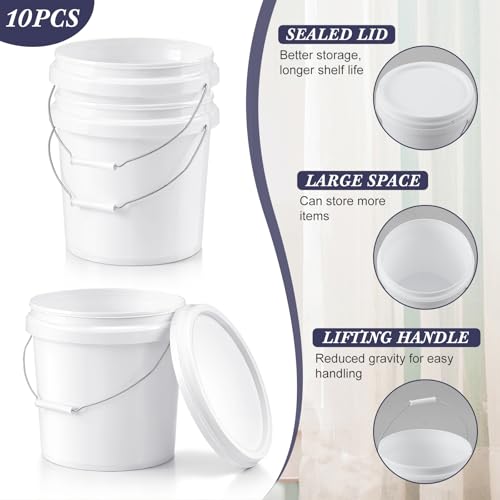 Image of Mumufy 10 Pcs 3.5 Gallon Round Food Grade Bucket with Lid Plastic Buckets Pail with Handle Lid Heavy Duty Buckets for Storing Dry Food Charcoal Camping Fishing(White)