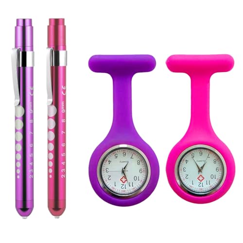 PORUPAEL 4Pcs Nurse Fob Watch and Pen Torch Set - Medical Fob Watches for Nurses with Pen Light, Silicone Clip Design, Medical Pen Light for Examinations, Nurses Watches for Women