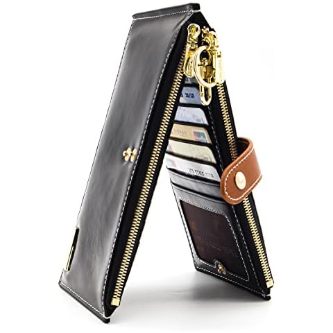 ANDOILT Wallets for Women Genuine Leather Wallet RFID Blocking Bifold Multi Card Case Purse Zipper Pocket with Keychain Black Cover