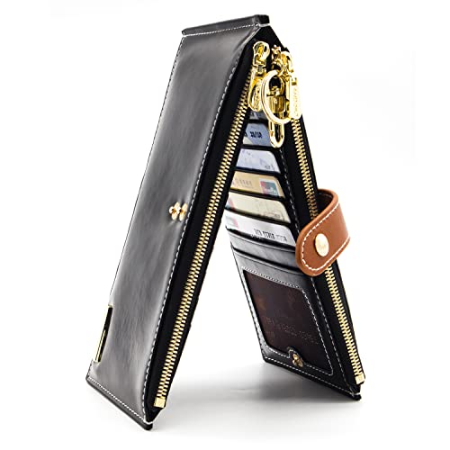 ANDOILT Wallets for Women Genuine Leather Wallet RFID Blocking Bifold Multi Card Case Purse Zipper Pocket with Keychain Black