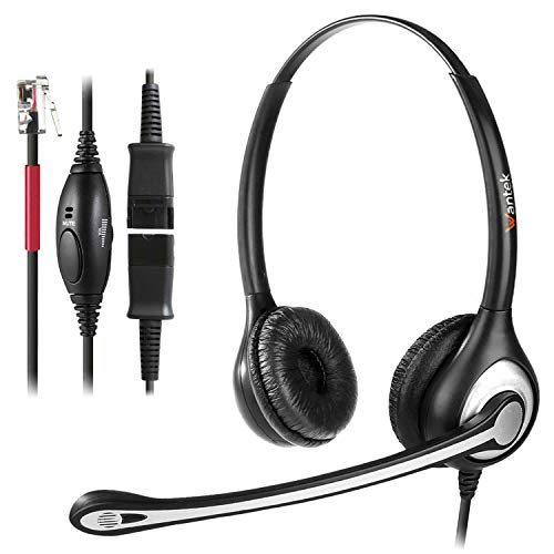 Auriculares Teléfono Fijo RJ9 Dual, Micrófono con Cancelación de Ruido, Quick Disconnect, WANTEK Cascos Centro de Llamadas para Yealink Avaya Cisco Grandstream Panasonic KXT Teléfonos IP(602QY1)