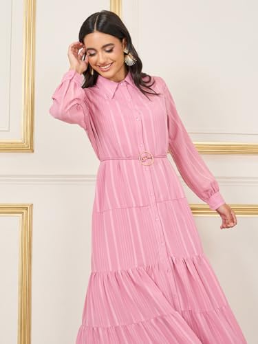 Image of Styli Women'S Striped Tiered Shirt Maxi Dress with Buckle Self Tie Up Dress | Long Cuffed Sleeves | Shirt Collar | Polyester Fabric | Button Closure Pink