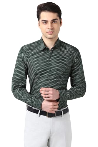 Image of Peter England Men's Printed Formal Shirt with All-Over Dot Pattern - 100% Cotton, Full Sleeves, Regular Fit