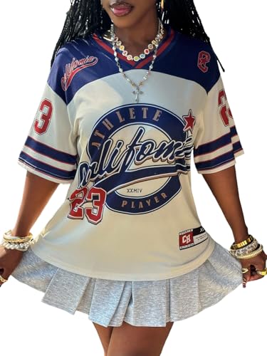 MakeMeChic Womens Football Jersey Shirts Soccer Jersey Number Oversized Y2K Tee Tops Multicolor Medium