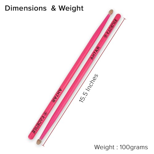 Image of Kadence AH7AR Touring Series Neon 7A Drumsticks | Premium American Hickory Wood | Acorn Tip with Smooth Matte Finish | Includes Protective Plastic Case | Pink
