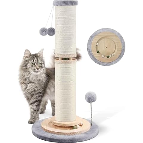OTOB 33" Tall Cat Scratching Post, 4.3Inch Large Diameter Natural Sisal Rope Scratcher Post, 5-in-1 Interactive Turntable Cat Scratch Post with Soft Hanging Ball Toys for Indoor Large Cats Cover