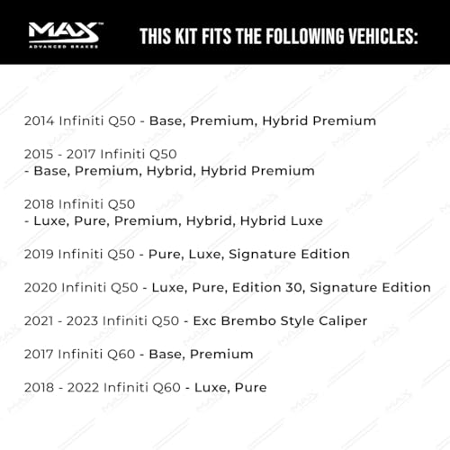 Image of Max Advanced Brakes Front & Rear Brake Kit Compatible With 2014-2017 2018 2019 2020 2021 2022 2023 Infiniti Q50 Q60 Replacement Drilled Slotted Black Coated Disc Brake Rotors and Ceramic Brake Pads