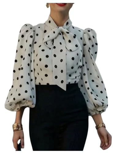 Image of GORGLITTER Women's Polka Dots Blouses Bow Tie Neck 3/4 Sleeve Elegant Shirt