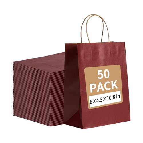 RACETOP 50 Pack 8x4.5x10.8 Inch Medium Red Kraft Paper Bags with Handles Bulk Gift Bags Shopping Bag for Boutique Wedding Party Favor Merchandise Retail Small Business