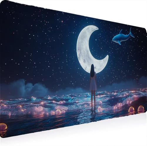 Tapis de souris XXL 1500x800 pour gamer avec base en caoutchouc antidérapante motif lune