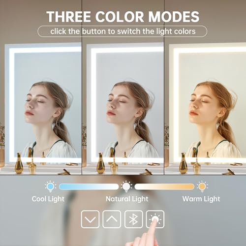 Hasipu Vanity Mirror with Lights, 140 x 91cm LED Makeup Mirror, Lighted Makeup Mirrors with Dimmable 3 Modes, Touch Screen Control Vanity Mirrors Square White