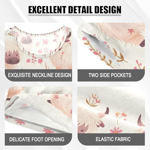 ALAZA Highland Cattle Flower White Pajamas Set Short Sleeve Cotton Sleepwear Summer Pjs 2 Piece 5-14Y4