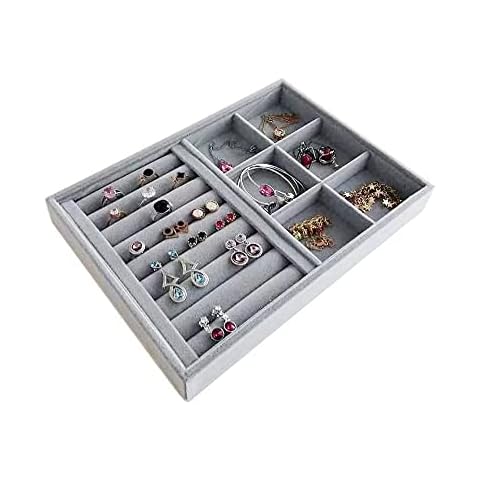 Svea Display Gray Velvet Stackable Organizer Premium Quality Stackable Tray for Rings Accessaries Jewelry Collectibles Closet Orgnization Drawer Dividers Inserts Cover