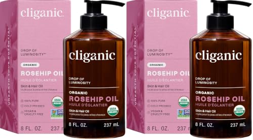 Cliganic Organic Rosehip Seed Oil for Face, 100% Pure | Natural Cold Pressed Unrefined Non-GMO | Carrier Oil for Skin, Hair &amp; Nails (Packaging May Vary) (Pack of 2)