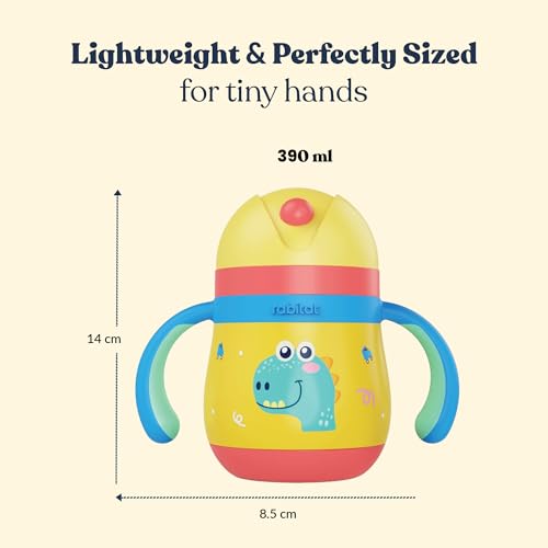 Image of rabitat Gravity EasyFlow Personalized Stainless Steel Sippy Cup 390 ml | 2 Years Brand Warranty | Leak Proof | BPA Free Soft Silicone Straw | Sippy Cup for Kids with Weighted Straw, Dino Dash