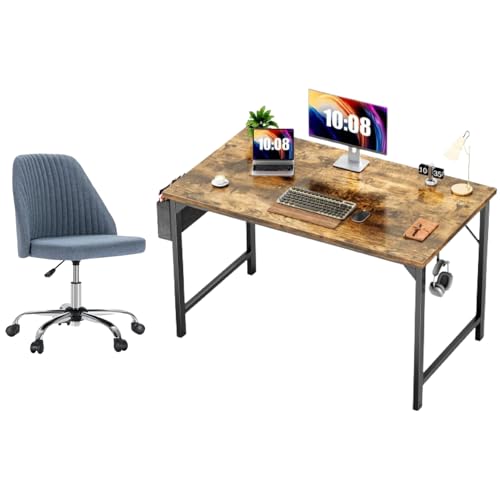 Homebliss [Set] 40 Inch Computer Desk (Brown) with Armless Office Chair (Blue), Computer Desk for Home, Office and Bedroom, Modern Design with Storage Bag