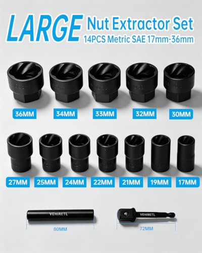 Image of 14pcs Large Lug Nut Extractor Socket Set 17-36mm Bolt Extractor | 1 /2 inch Drive Wheel Lock Removal Tool Kit for Extracting Damaged, Stripped Frozen Nuts & Screws Twist Socket Set