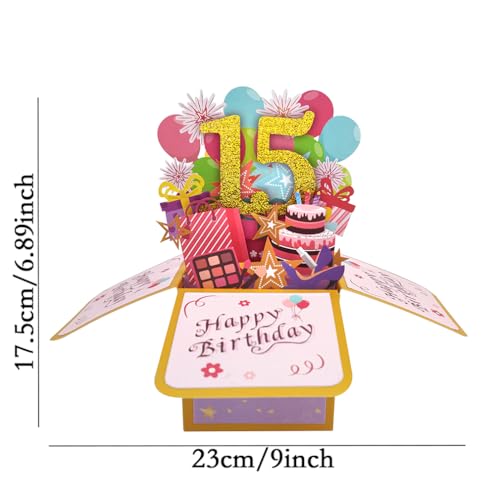 Happy 15th Birthday Pop Up Karte für Mädchen, 15 Jahre alte Geburtstags Geschenk Idee für Tochter Nichte, lustige 15. Geburtstag 3D Grußkarte für sie